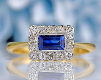 Edwardian Rectangular Sapphire & Diamond 18ct Gold Platinum Ring