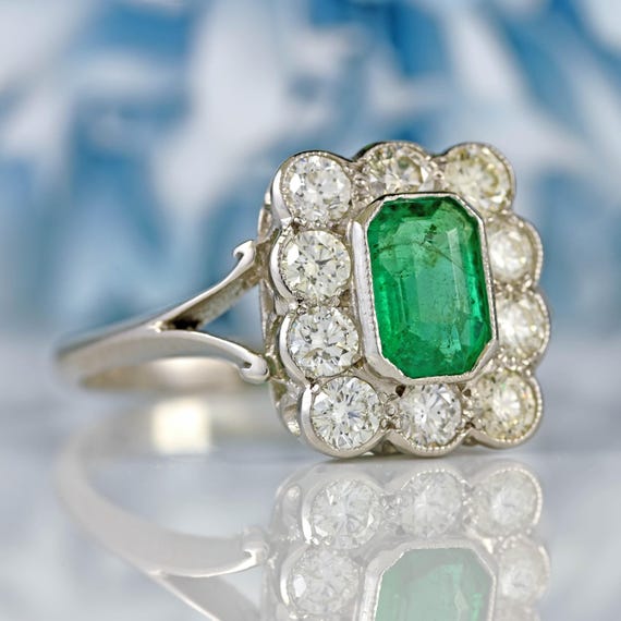 Emerald & Diamond Platinum Rectangular Cluster Ri… - image 3
