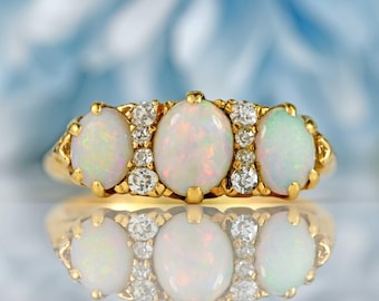 Antique Victorian Opal & Old Cut Diamond 18ct Gold Ring