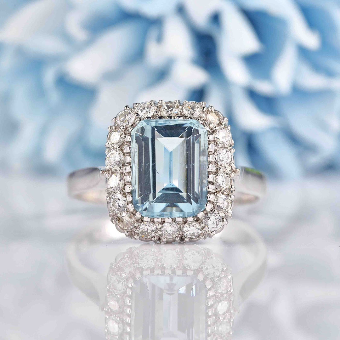 Aquamarine & Diamond 18ct White Gold Engagement Ring Etsy
