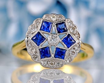 Art Deco Sapphire & Diamond 18ct Gold Platinum Cluster Ring
