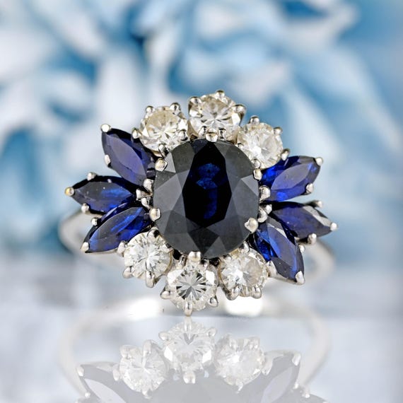 Vintage Sapphire & Diamond White Gold Cluster Dress Ring - Etsy Israel