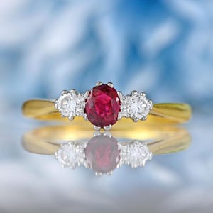 Vintage 1990 Ruby & Diamond 18ct Gold Three-Stone Engagement Ring