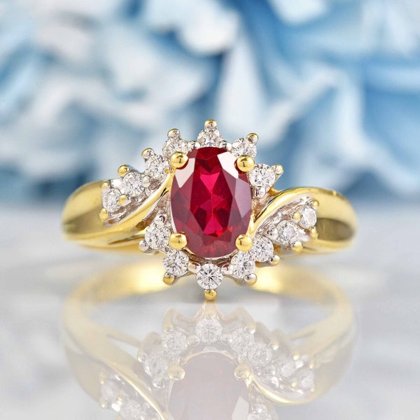 Synthetic Ruby & Diamond 18ct Gold Crossover Ring