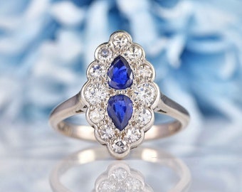 Edwardian Style Sapphire & Diamond Marquise Cluster Ring