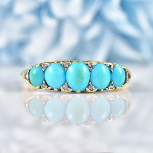 Victorian Turquoise & Diamond Gold Carved Half Hoop Five Stone Ring
