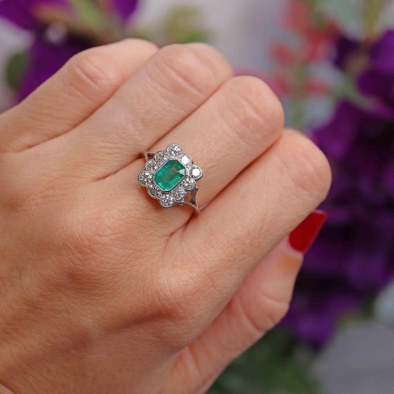 Emerald & Diamond Platinum Rectangular Cluster Ri… - image 5