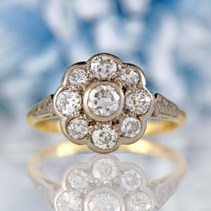 Art Deco Altschliff Diamant 18 Karat Gold & Platin Daisy Cluster Ring
