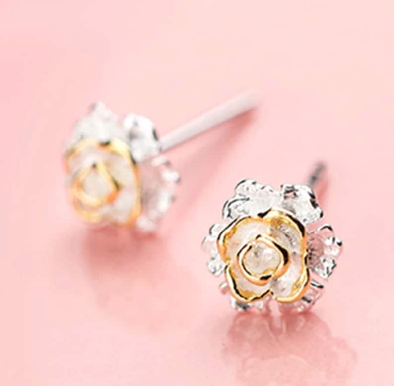 Original Classic 925 Sterling Silver Flower Stud Earrings For Women Girls Piercing Fashion Jewelry Gold Color.