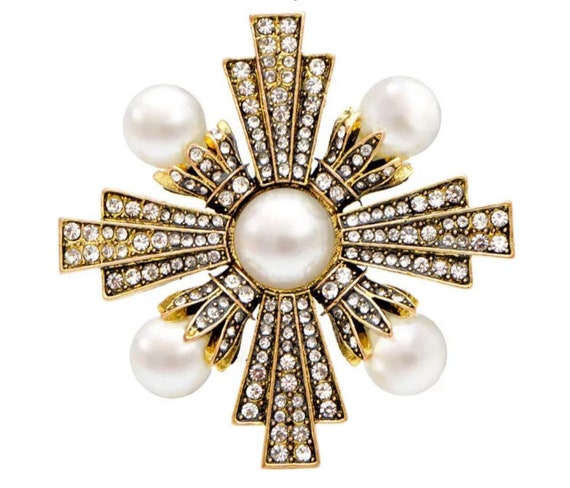 Vintage Gold Color Rhinestone and Pearl Cross Brooches for 