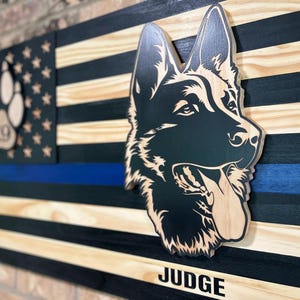 K9 Thin Blue Line Wooden American Flag Wall Decor Medium or Large