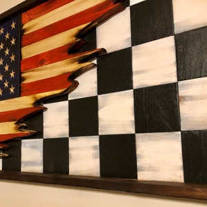 Racing Checkered American Rustic Split Flag Wall Decor (Framed) 25 x 13 x 1