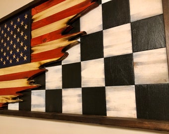 Racing Checkered American Rustic Split Flag Wall Decor (Framed) 25" x 13"x 1