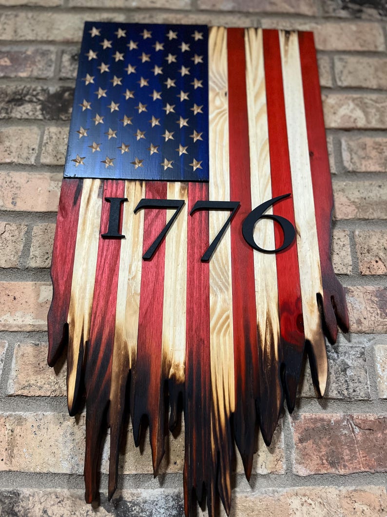 Vertical Hanging Rustic Tattered Wooden American Flag With 1776 Inlayed ...