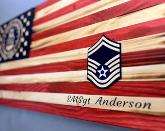 Personalized Air Force Rank Rustic Wooden American Flag (25"x13")