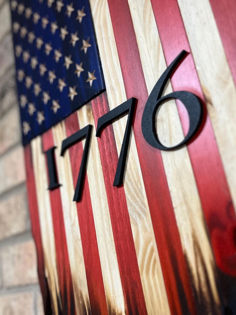 Vertical Hanging Rustic Tattered Wooden American Flag With 1776 Inlayed ...