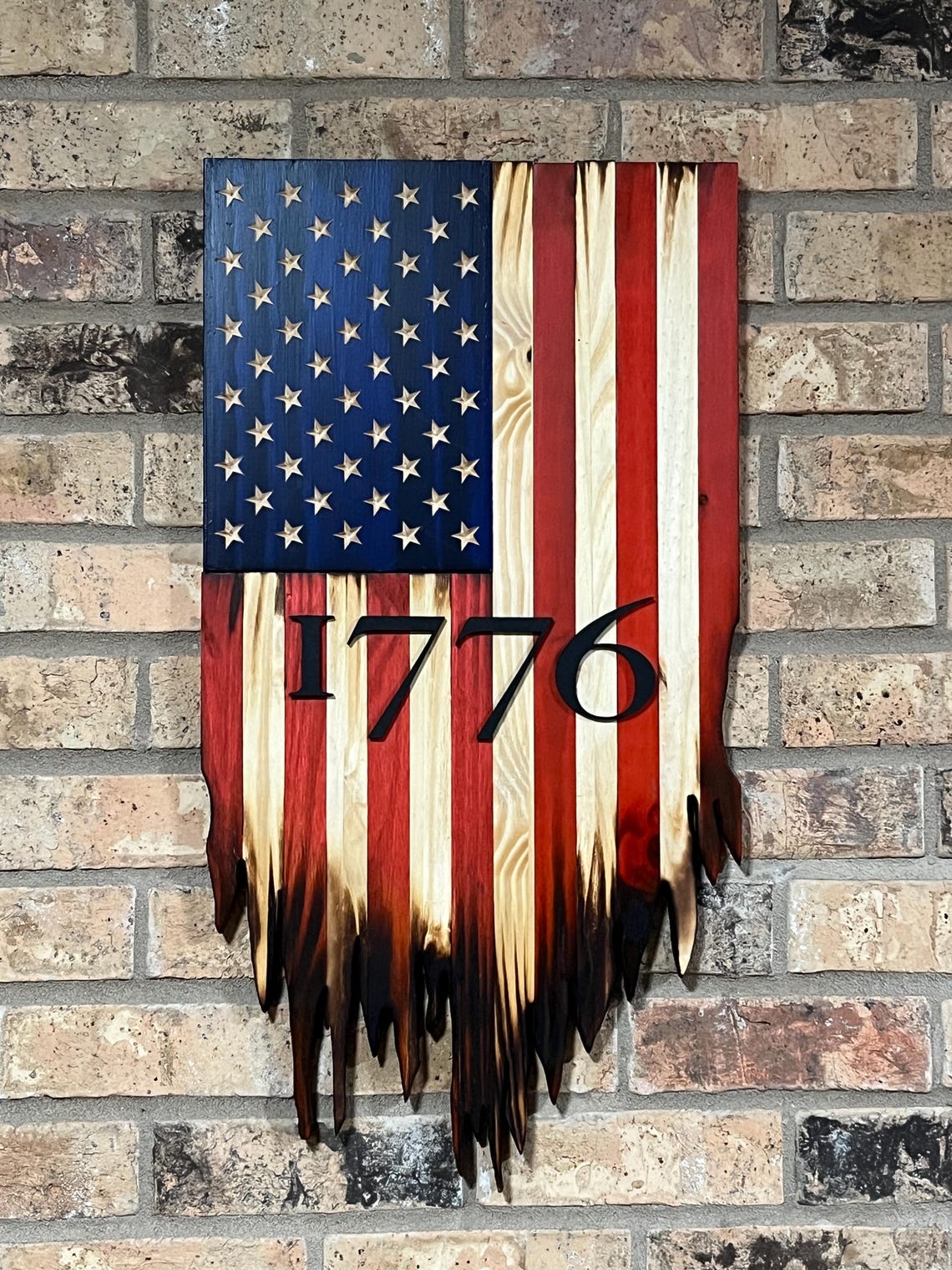 Vertical Hanging Rustic Tattered Wooden American Flag With 1776 Inlayed ...