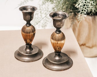 Vintage Pair of 2 Ribbed Patina Two Toned Brass Pillar Candlesticks | 4.5" T | Scandinavian Boho Mid Century Eclectic Minimalist Farmhouse