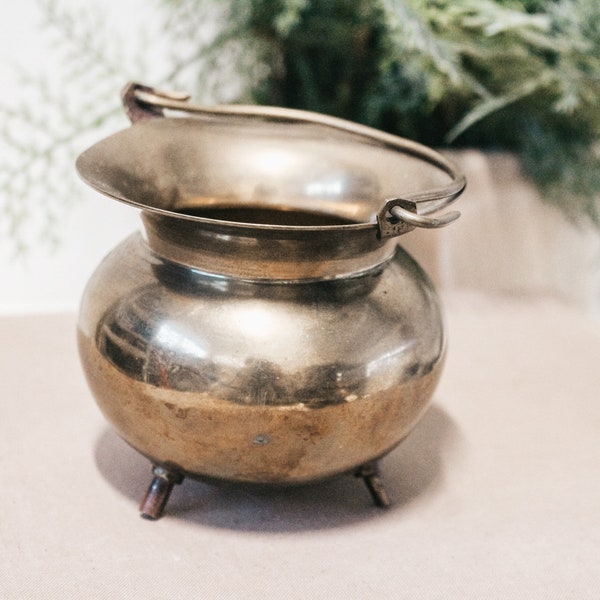 Vintage Solid Indian Brass Cauldron with Handle Box Accent Vessel Catch All Jewelry Ring Dish Cone Incense Holder | 3" | Boho Farmhouse