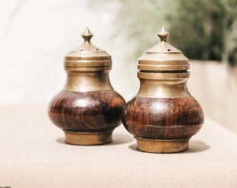 Pair of 2 Vintage Small Wood and Brass Salt and Pepper Shakers | 2.5" Tall | Mid Century Scandi Minimalist Farmhouse Brutalist Primitive