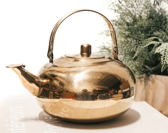 Vintage Polished Brass Plated Coffee Tea Kettle with Lid and Handle | 5x10" | Boho Eclectic Retro Minimalist Farmhouse Provincial