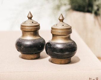 Pair of 2 Vintage Small Wood and Brass Salt and Pepper Shakers | 2.5" Tall | Mid Century Scandi Minimalist Farmhouse Brutalist Primitive