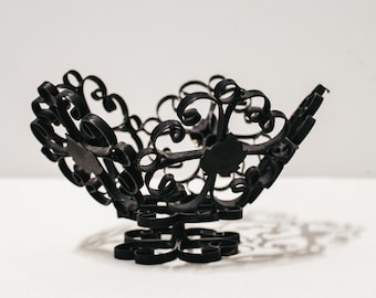 Vintage Wrought Iron Style Metal Pedestal Bowl Scrollwork Accent Vessel Catch All Decorative | MCM Scandi Brutalist Minimalist Primitive