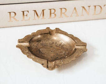 Vintage Handmade Carved Solid Indian Brass Ashtray Catch All Jewelry Ring Dish | 1&quot;T x 5&quot;W