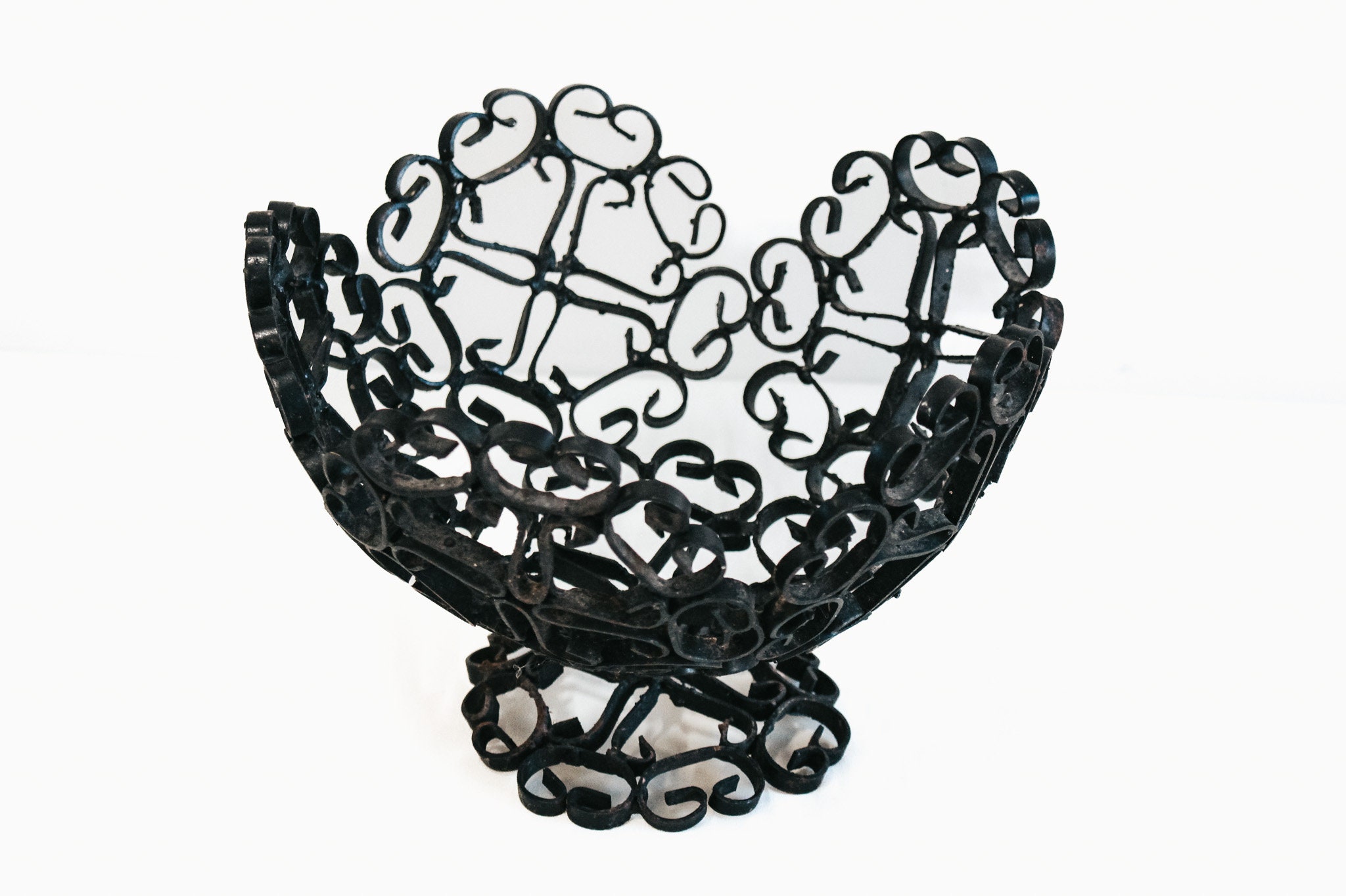 Vintage Wrought Iron Metal Pedestal Bowl Scrollwork Accent Vessel Catch All Decorative | MCM Scandi Boho Brutalist Minimalist Primitive