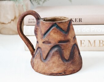Vintage Handmade Clay Studio Pottery Handled Mug Accent Vessel | 5.5&quot; Tall | Signed by Artist | Boho Mid Century Modern Eclectic Minimalist