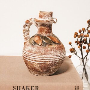 Large Vintage Handmade Style Clay Pottery Pitcher Accent Vessel Vase | 7&quot;T 5.5&quot;W | Minimalist Mid Century Boho Scandi Neutral