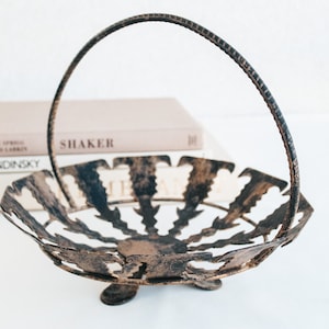 Vintage Primitive Hammered Metal Basket with Handle Accent Vessel Catch All Decorative Trinket or Fruit Bowl | MCM Scandi Boho Brutalist