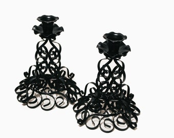 Pair of 2 Vintage Black Metal Scrollwork Metal Taper Candle Sticks Stands | 7.25" | Scandinavian Mid Century Brutalist Minimalist Wabi Sabi