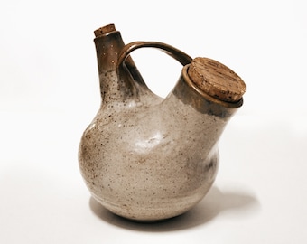 Vintage Handmade Clay Stoneware Pottery Accent Vessel Handled Wine Jug Teapot with Corks | 8x8.5" | Scandinavian MCM Boho Minimalist