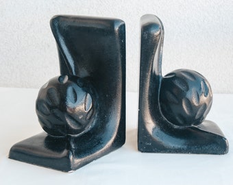 Pair of Vintage Black Large Bookends | Ceramic Plaster | Scandinavian Boho MCM Mid Century Modern Minimalist Brutalist