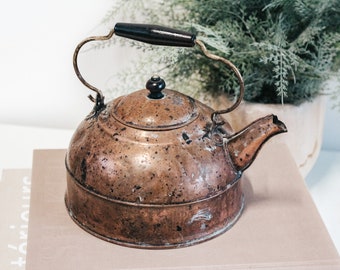 Vintage Aged Patina Copper Coffee Tea Kettle with Lid and Handle | 7.5&quot;T x 9&quot;W | Boho Eclectic Retro Minimalist Farmhouse Provincial