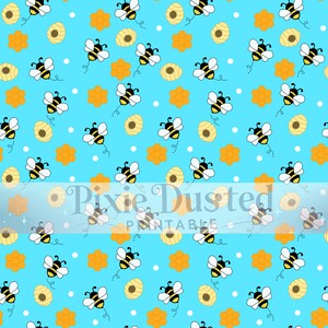 May include: A repeating pattern of cartoon bees, honeycombs, and beehives on a light blue background. The bees are black and yellow with white wings. The text "Pixie Dusted Printable" is across the bottom of the image.
