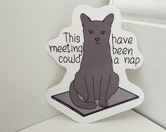 May include: A sticker featuring a gray cat sitting on a gray mat. The cat has a serious expression. Text on the sticker reads, "This meeting could have been a nap."