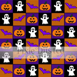 May include: A repeating pattern of Halloween-themed images. Orange jack-o'-lanterns, white ghosts, and purple bats are arranged in a grid pattern against a background of black, orange, and purple squares. The words "Pixie Dusted Printable" are visible.