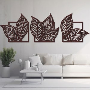 Leaves wall art set of 3, Palm leaf wall decor, Botanical wood wall hanging, Wood wall panels boho, Floral wall art for above bed