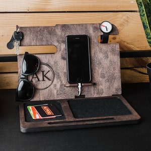 Wooden docking station personalized, Charging station organizer, Nightstand organizer for men, Docking station wood,Engraved docking station