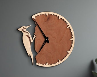 Bird wall clock, Woodpecker wall clock, Nature wall clock, Large wall clock farmhouse, Modern wall clock wood, Handmade wall clock unique