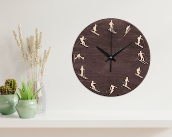 Houten skiklok, skiwandklok, skiwanddecor, houten skidecor, skicadeaus voor mannen, houten wandklok handgemaakt, houten wandklok modern