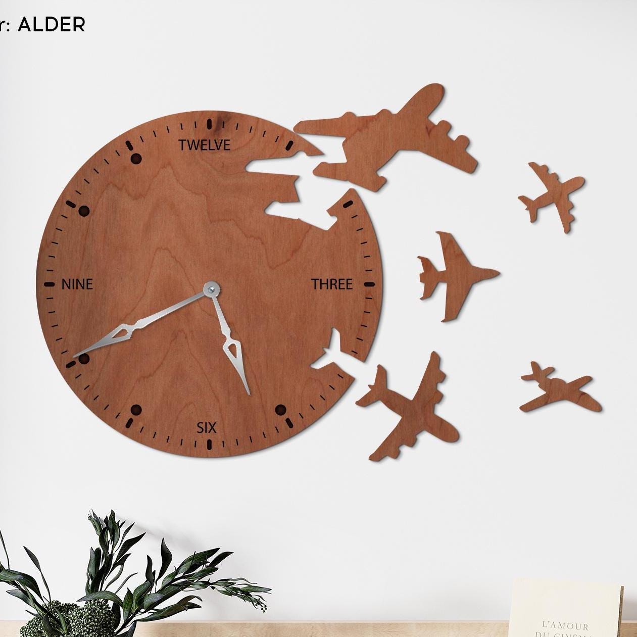 飛行機の壁掛け時計、手作りの木製時計、航空壁掛け時計、航空機壁掛け