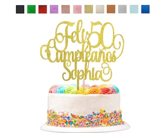 Personalized Feliz Cumpleaños Glitter Cake Topper
