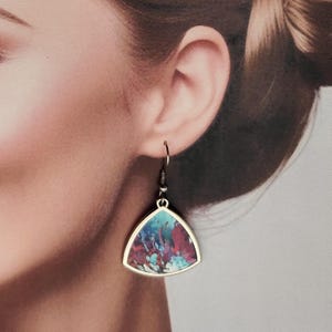 Orecchini in acciaio inossidabile con triangoli blu/bordeaux, orecchini artigianali, regalo da donna