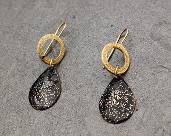 Gold stainless steel earrings, black enameled and sequined charms, women's gift