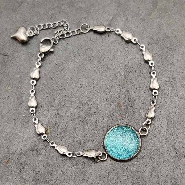 Bracelet en acier inoxydable connecteur glitter bleu turquoise, fermoir mousqueton, cadeau femme