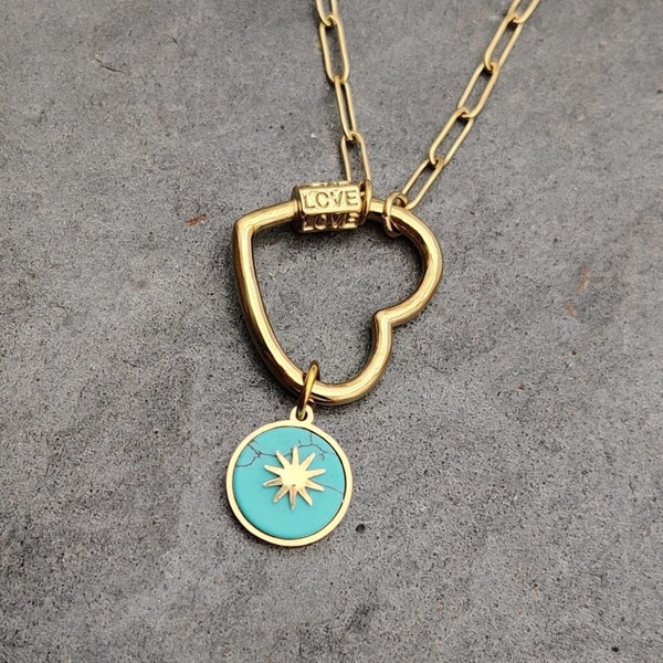 Collier acier inoxydable doré pendentif en forme de cœur imitation turquoise, cadeau femme