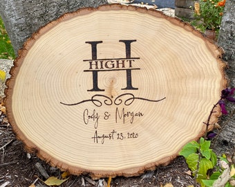 Custom oval wood log slice - Monogram, Wedding, Anniversary, Baby, Retirement, Award, Logo, Trophy